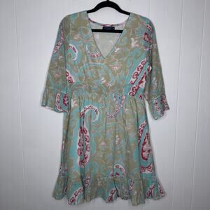 La Plage Women’s Floral Shift Dress V Neck Ruffle Detail Size XS